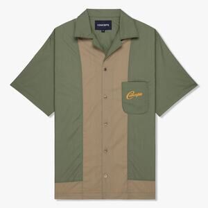 Concepts Men's M Tan Green Colorblock Short Sleeve Shirt Retro Streetwear R8-2